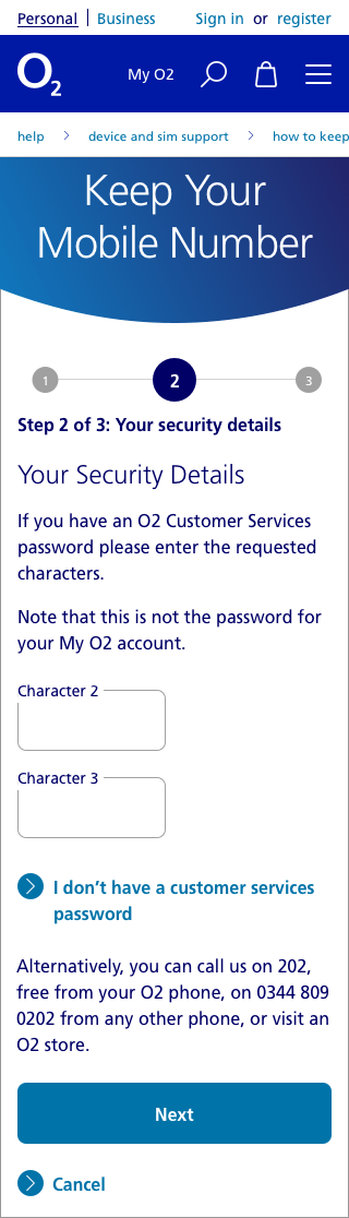 UI screen for O2 website